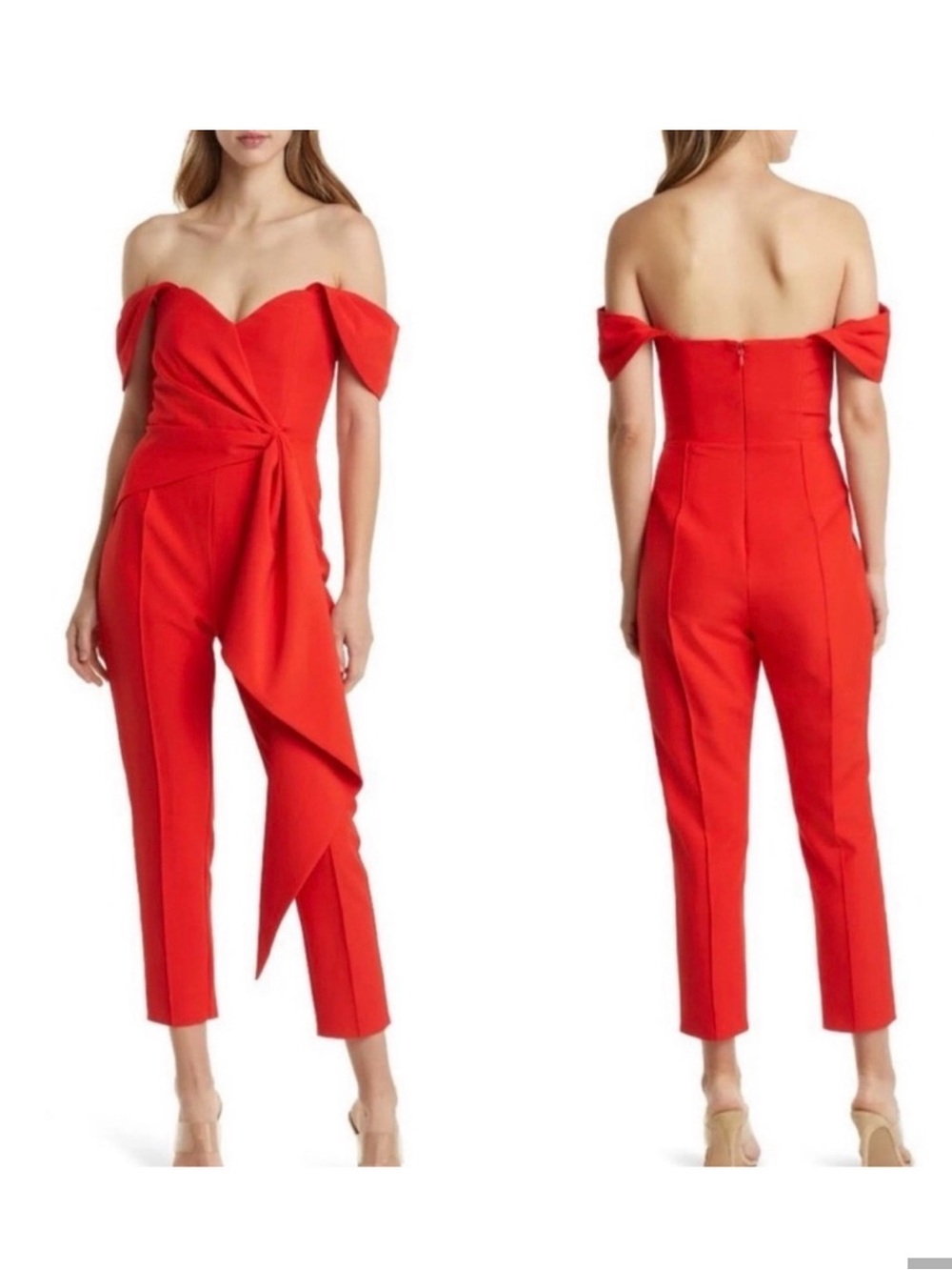 LAVISH ALIVE ROMPER Off-Shoulder Red Jumpsuit with Draped Waist